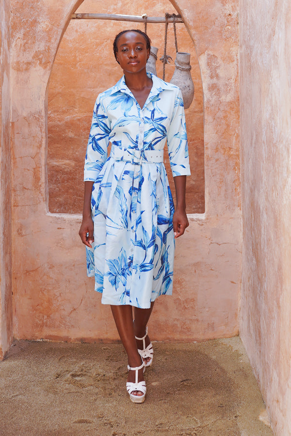 Audrey Dress #1 Shirt Collar 3/4 Sleeve Long Length Silk Taffta (Portofino Lillies Big)