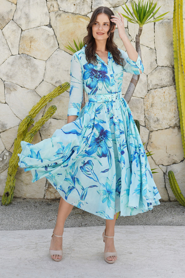 Aster Dress Shirt Collar 3/4 Sleeve Midi Plus Length Cotton Musola (Portofino Lillies Big)