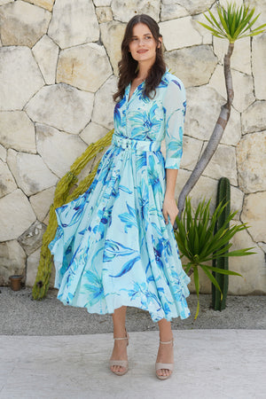 Aster Dress Shirt Collar 3/4 Sleeve Midi Plus Length Cotton Musola (Portofino Lillies Big)