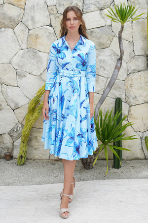 Laurent Dress Shirt Collar 3/4 Sleeve Midi Length Cotton Stretch (Portofino Lillies Big)