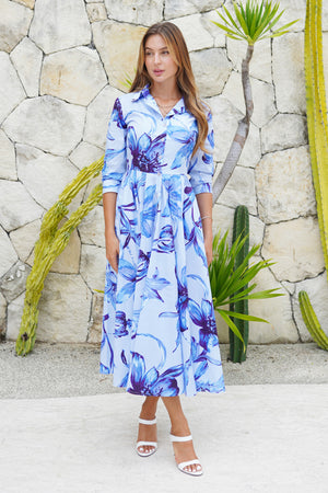 Laurent Dress Shirt Collar 3/4 Sleeve Midi Length Cotton Stretch (Portofino Lillies Big)