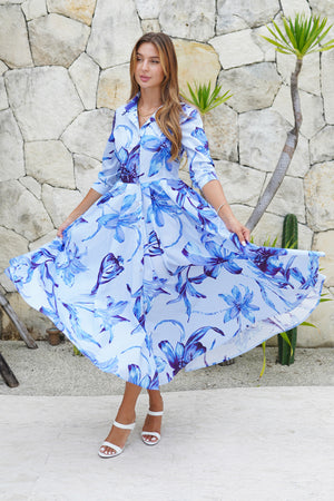 Laurent Dress Shirt Collar 3/4 Sleeve Midi Length Cotton Stretch (Portofino Lillies Big)