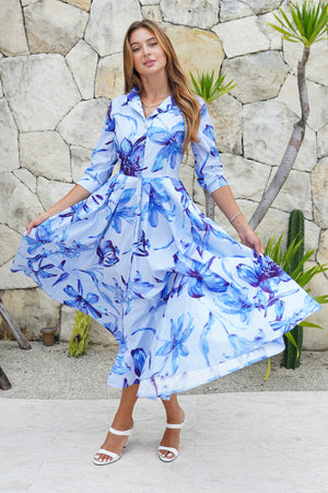 Laurent Dress Shirt Collar 3/4 Sleeve Midi Length Cotton Stretch (Portofino Lillies Big)