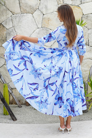 Laurent Dress Shirt Collar 3/4 Sleeve Midi Length Cotton Stretch (Portofino Lillies Big)