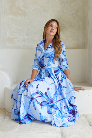 Laurent Dress Shirt Collar 3/4 Sleeve Midi Length Cotton Stretch (Portofino Lillies Big)