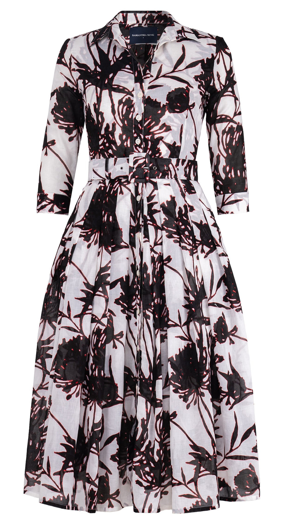 Audrey Dress #4 Shirt Collar 3/4 Sleeve Midi Length Cotton Musola (Primavery Silhouette White)
