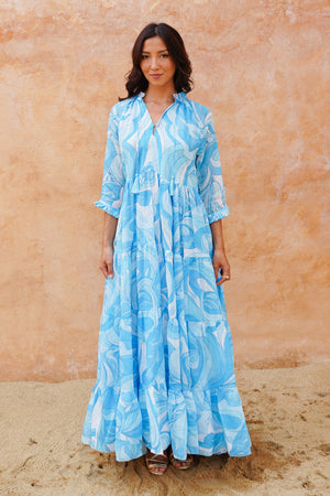 Eva Dress Crew Neck 3/4 Sleeve Maxi Length Cotton Musola (Pucciesque Graphic)