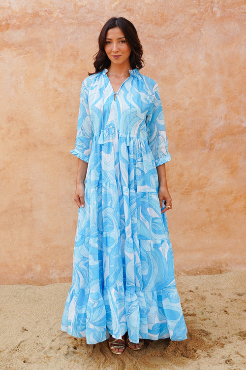 Eva Dress Crew Neck 3/4 Sleeve Maxi Length Cotton Musola (Pucciesque Graphic)