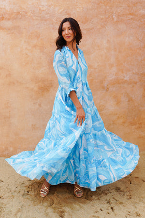 Eva Dress Crew Neck 3/4 Sleeve Maxi Length Cotton Musola (Pucciesque Graphic)
