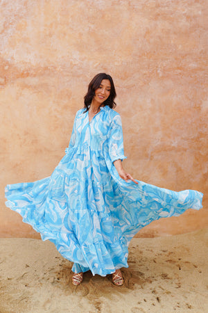 Eva Dress Crew Neck 3/4 Sleeve Maxi Length Cotton Musola (Pucciesque Graphic)