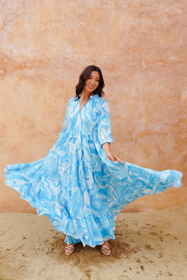 Eva Dress Crew Neck 3/4 Sleeve Maxi Length Cotton Musola (Pucciesque Graphic)