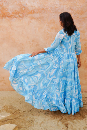 Eva Dress Crew Neck 3/4 Sleeve Maxi Length Cotton Musola (Pucciesque Graphic)