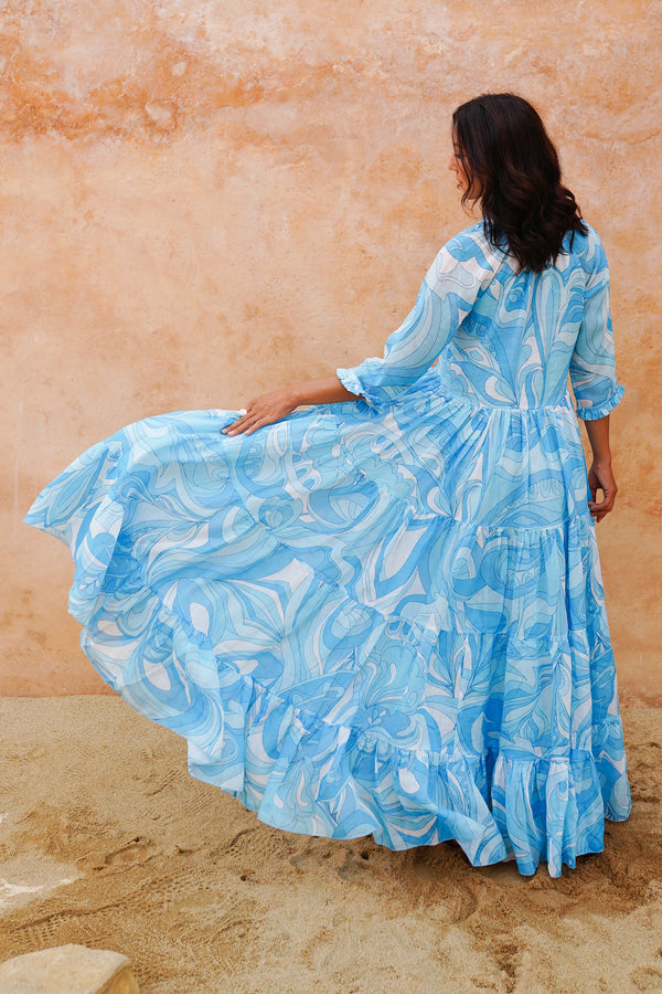 Eva Dress Crew Neck 3/4 Sleeve Maxi Length Cotton Musola (Pucciesque Graphic)