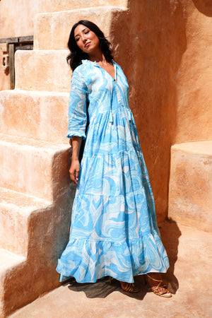 Eva Dress Crew Neck 3/4 Sleeve Maxi Length Cotton Musola (Pucciesque Graphic)
