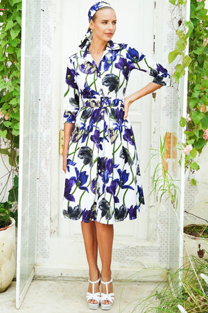 Audrey Dress #1 Shirt Collar 3/4 Sleeve Long Length Cotton Stretch (Rambrandt Tulip)