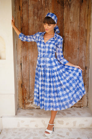 Audrey Dress #4 Shirt Collar 3/4 Sleeve Midi Length Cotton Musola (Ratan Houndstooth)