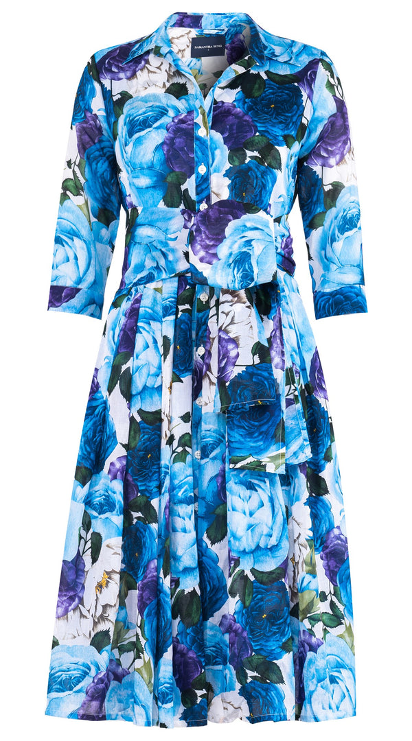 Audrey Dress #4 Shirt Collar 3/4 Sleeve Long Length Cotton Musola (Rose Wallpaper)
