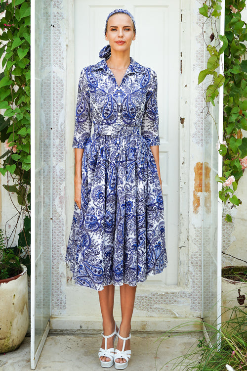 Aster Dress Shirt Collar 3/4 Sleeve Midi Length Cotton Musola (Russian Paisley)