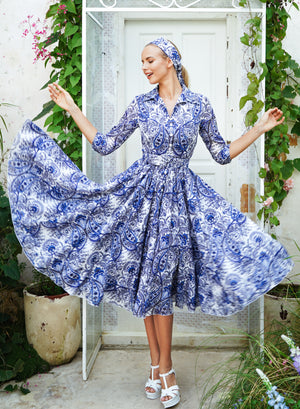 Aster Dress Shirt Collar 3/4 Sleeve Midi Length Cotton Musola (Russian Paisley)