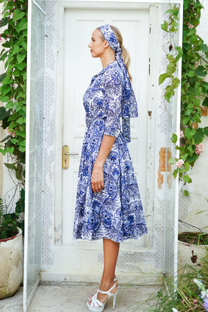 Aster Dress Shirt Collar 3/4 Sleeve Midi Length Cotton Musola (Russian Paisley)