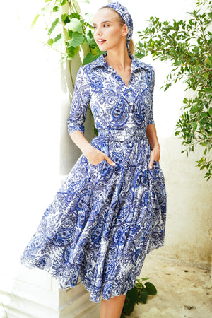 Aster Dress Shirt Collar 3/4 Sleeve Midi Length Cotton Musola (Russian Paisley)