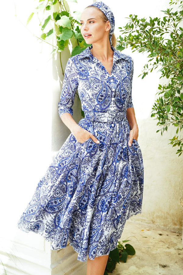 Aster Dress Shirt Collar 3/4 Sleeve Midi Length Cotton Musola (Russian Paisley)