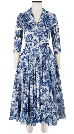 Aster Dress Shirt Collar 3/4 Sleeve Midi Length Cotton Musola_Safari Toile White_White Cobalt Blue