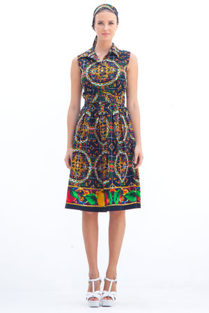 Audrey Dress #1 Shirt Collar Sleeveless Cotton Stretch (Santorini Tile Straight)
