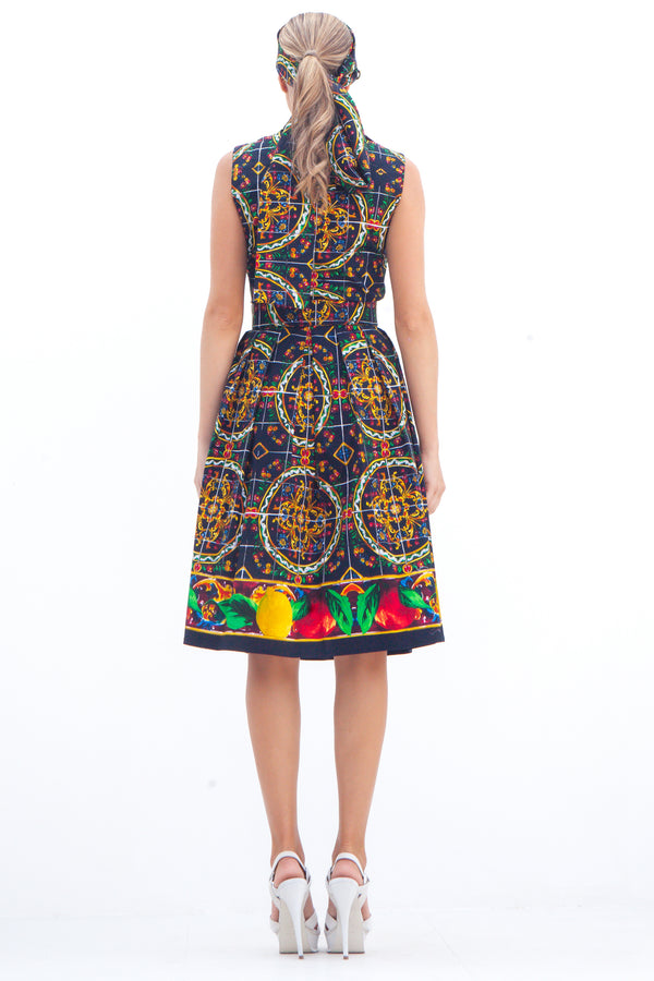 Audrey Dress #1 Shirt Collar Sleeveless Cotton Stretch (Santorini Tile Straight)