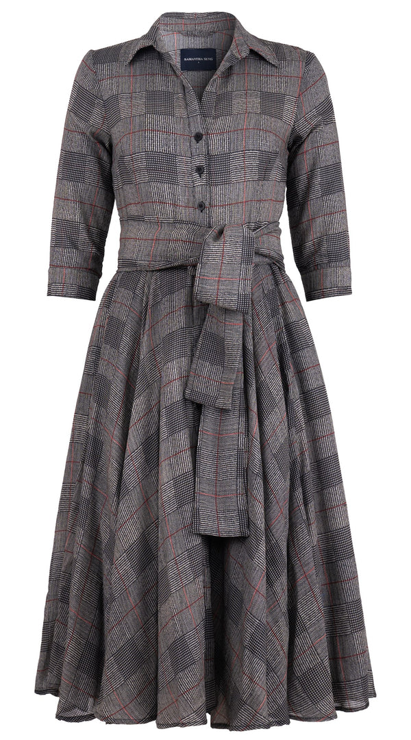 Aster Dress Shirt Collar 3/4 Sleeve Midi Length Wool Musola (Savile Row Check Ivory) - Ivory Black