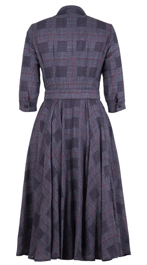 Aster Dress Shirt Collar 3/4 Sleeve Midi Length Wool (Savile Row Check Ivory) - Ivory Indigo