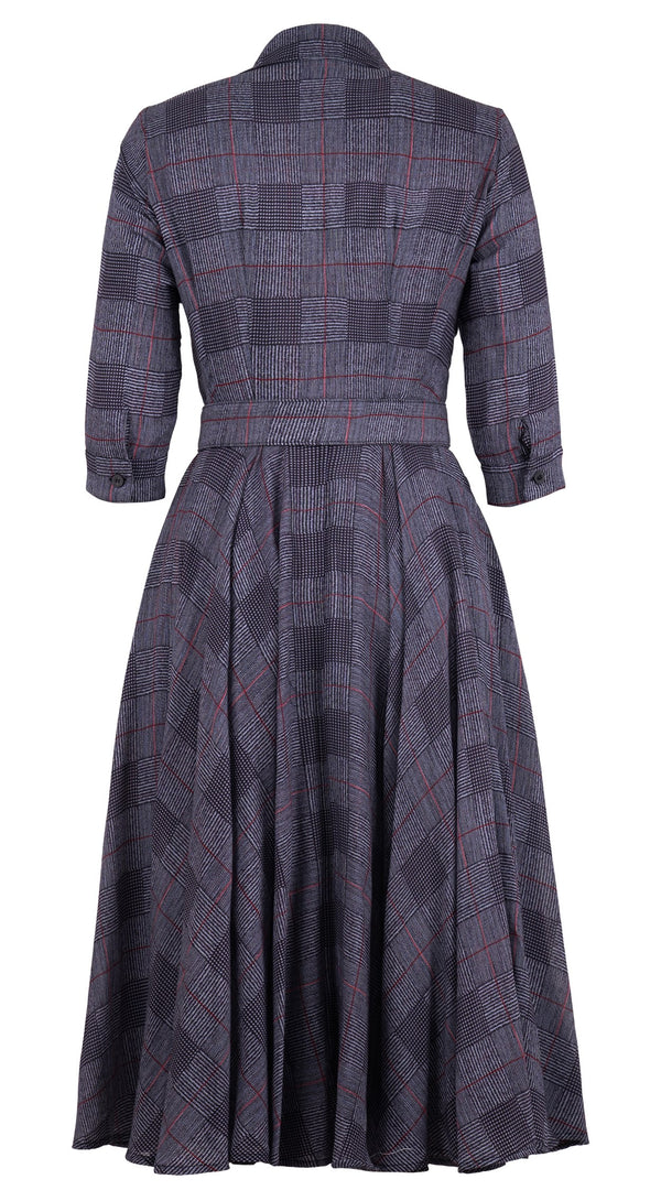 Aster Dress Shirt Collar 3/4 Sleeve Midi Length Wool (Savile Row Check Ivory) - Ivory Indigo