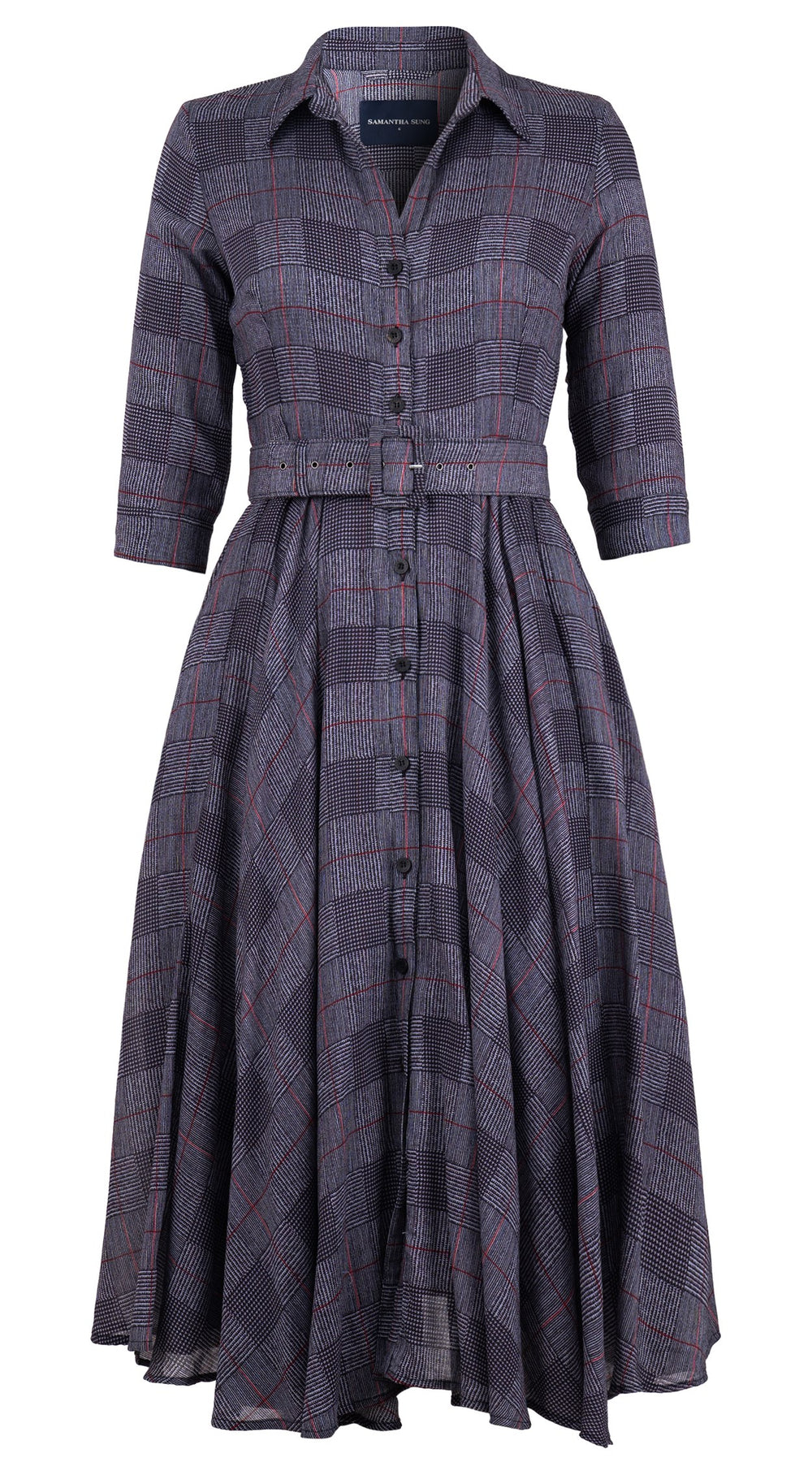 Aster Dress Shirt Collar 3/4 Sleeve Midi Length Wool Musola (Savile Row Check Ivory) - Ivory Indigo