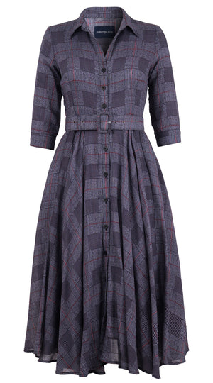 Aster Dress Shirt Collar 3/4 Sleeve Midi Length Wool (Savile Row Check Ivory) - Ivory Indigo