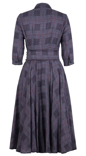 Aster Dress Shirt Collar 3/4 Sleeve Midi Length Wool (Savile Row Check Ivory) - Ivory Indigo