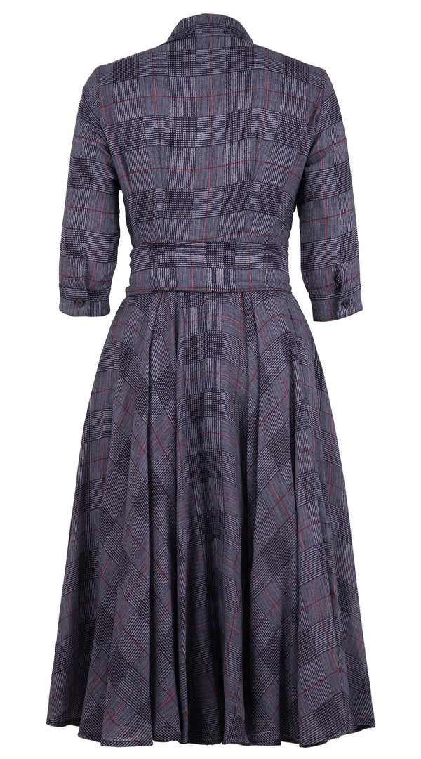 Aster Dress Shirt Collar 3/4 Sleeve Midi Length Wool (Savile Row Check Ivory) - Ivory Indigo