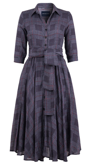 Aster Dress Shirt Collar 3/4 Sleeve Midi Length Wool (Savile Row Check Ivory) - Ivory Indigo