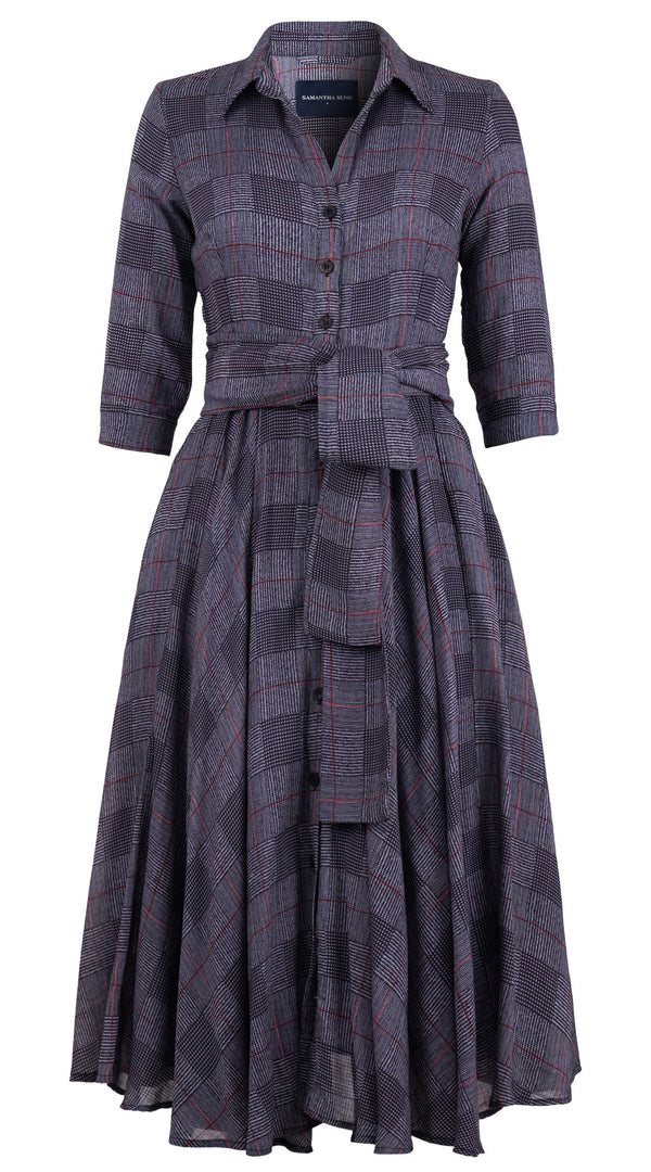 Aster Dress Shirt Collar 3/4 Sleeve Midi Length Wool (Savile Row Check Ivory) - Ivory Indigo