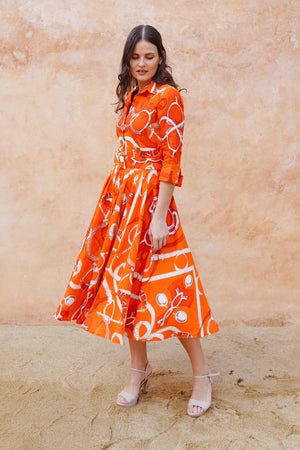 Amber Dress Shirt Collar 3/4 Sleeve Midi Length Linen (Secretariat Horse Bright)