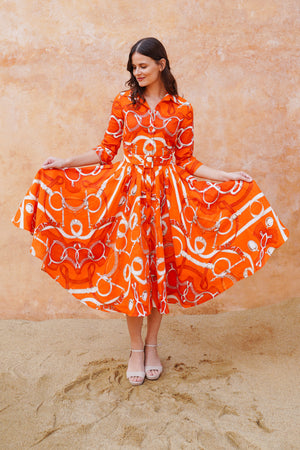 Amber Dress Shirt Collar 3/4 Sleeve Midi Length Linen (Secretariat Horse Bright)