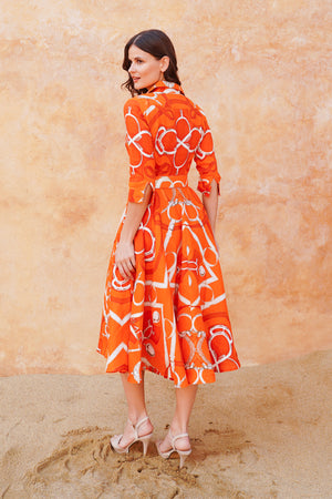 Amber Dress Shirt Collar 3/4 Sleeve Midi Length Linen (Secretariat Horse Bright)