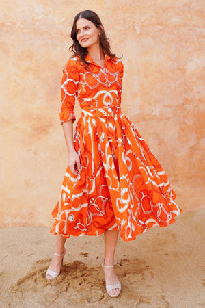 Amber Dress Shirt Collar 3/4 Sleeve Midi Length Linen (Secretariat Horse Bright)