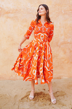 Amber Dress Shirt Collar 3/4 Sleeve Midi Length Linen (Secretariat Horse Bright)