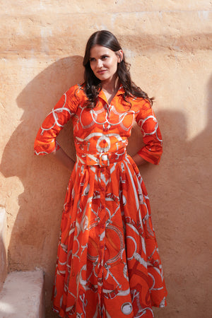 Amber Dress Shirt Collar 3/4 Sleeve Midi Length Linen (Secretariat Horse Bright)