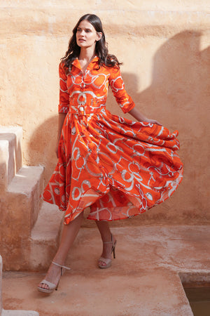 Amber Dress Shirt Collar 3/4 Sleeve Midi Length Linen (Secretariat Horse Bright)
