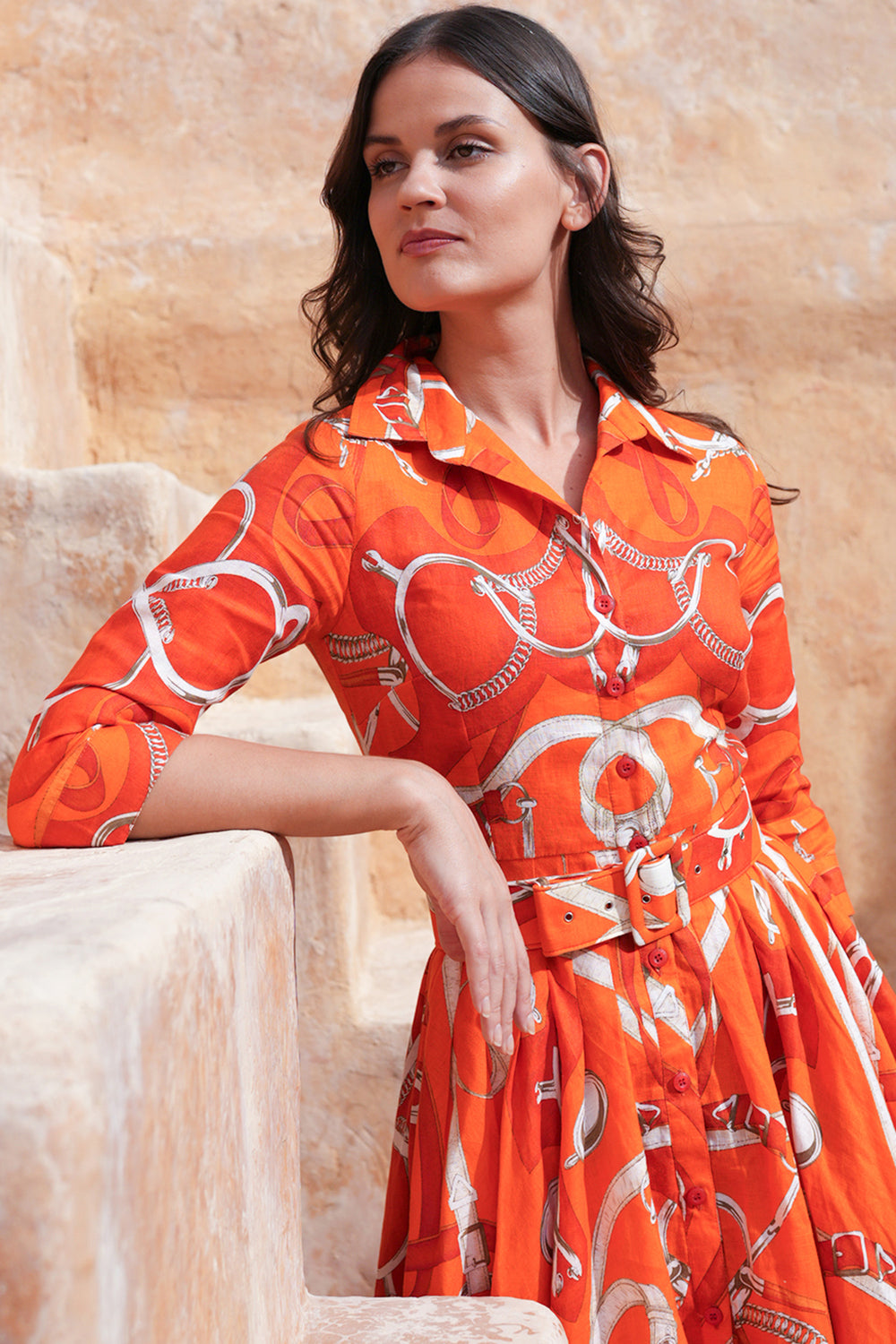 Amber Dress Shirt Collar 3/4 Sleeve Midi Length Linen (Secretariat Horse Bright)