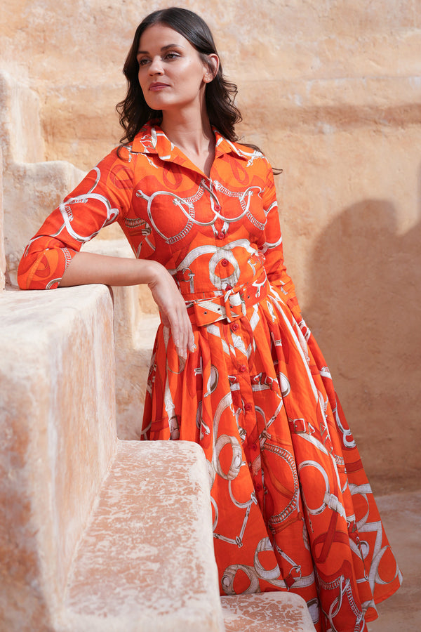 Amber Dress Shirt Collar 3/4 Sleeve Midi Length Linen (Secretariat Horse Bright)
