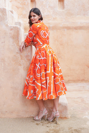 Amber Dress Shirt Collar 3/4 Sleeve Midi Length Linen (Secretariat Horse Bright)