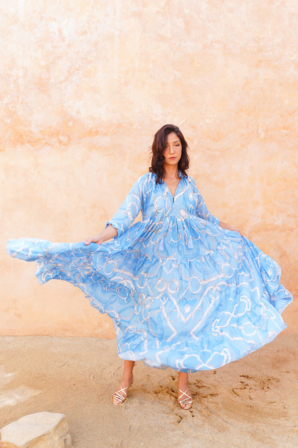 Eden Dress Crew Neck 3/4 Sleeve Midi Plus Length Cotton Musola (Secretariat Horse Pastel)