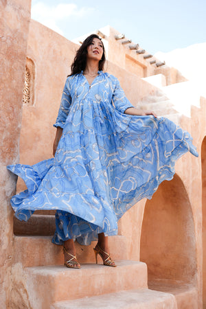Eden Dress Crew Neck 3/4 Sleeve Midi Plus Length Cotton Musola (Secretariat Horse Pastel)
